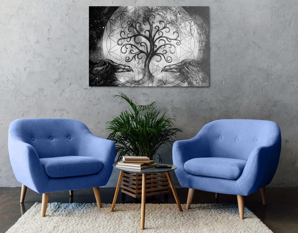 Stampa su tela – Albero della vita magico in bianco e nero