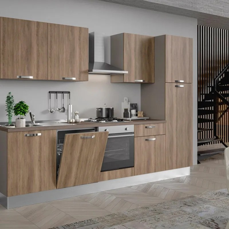 Cucina montata Dora rovere chiaro, lavello a sinistra, L 300 cm, completa di: cappa a camino, piano cottura a gas, forno, lavastoviflie, frigorifero