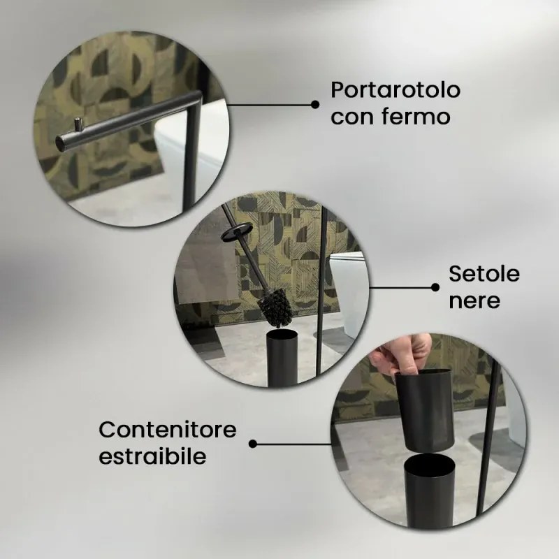 Piantana porta rotolo e scopino da appoggio in acciaio nero opaco Style
