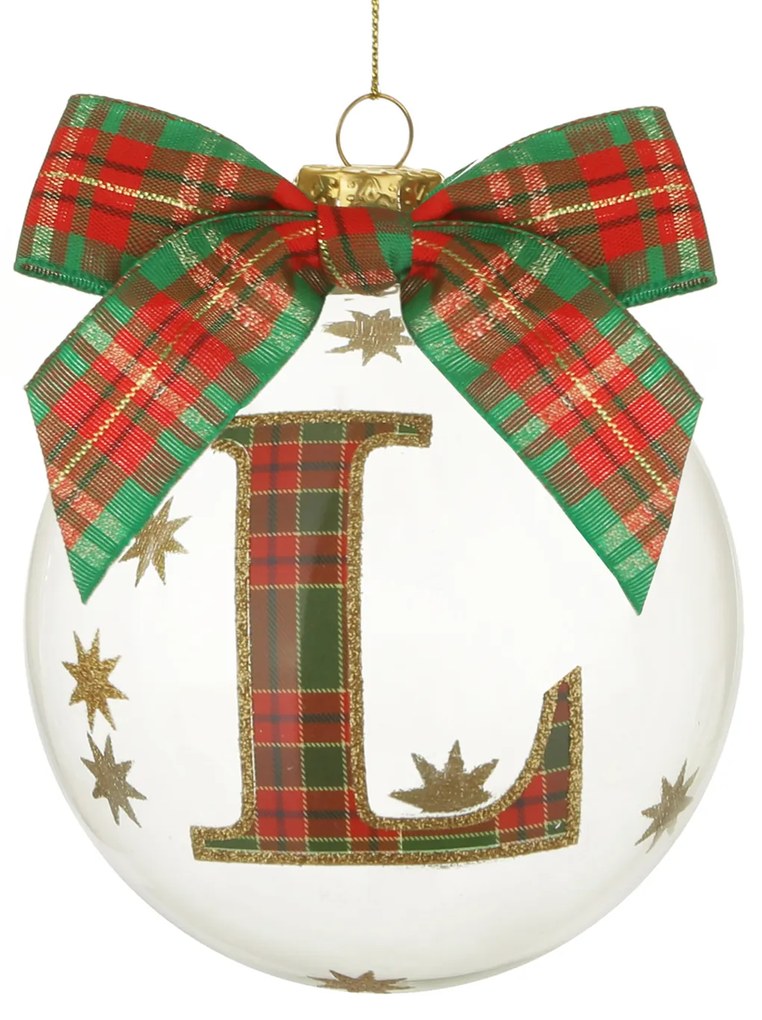 Pallina Natale con lettera L 10 cm tartan