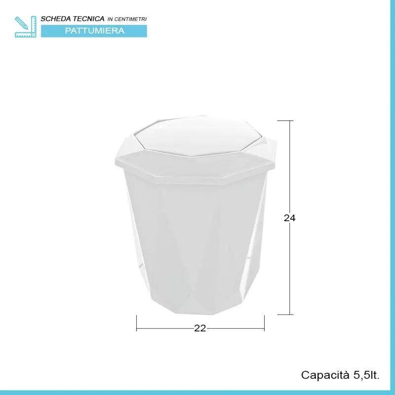 Pattumiera bagno capacità 5,5 lt in plastica bianca con coperchio basculante