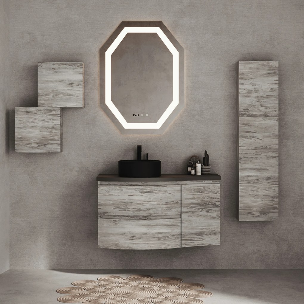 Mobile Bagno Sospeso "Dolce Vita" Da 105 Cm Composto Da Due Cassetti Un'Anta Lavabo E Specchio Finitura Grigio/Pietra