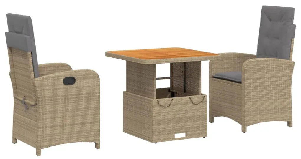 Set da pranzo da giardino 3 pz con cuscini beige in polyrattan
