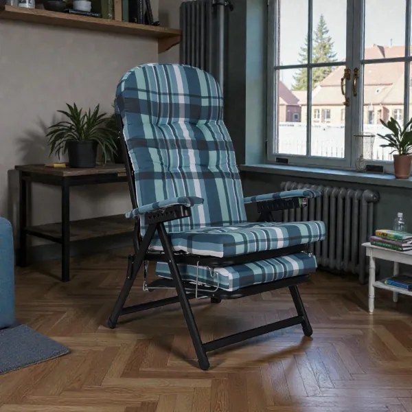 Poltrona sdraio metallo - prolunga con cuscino imbottito MARY Blu scozzese