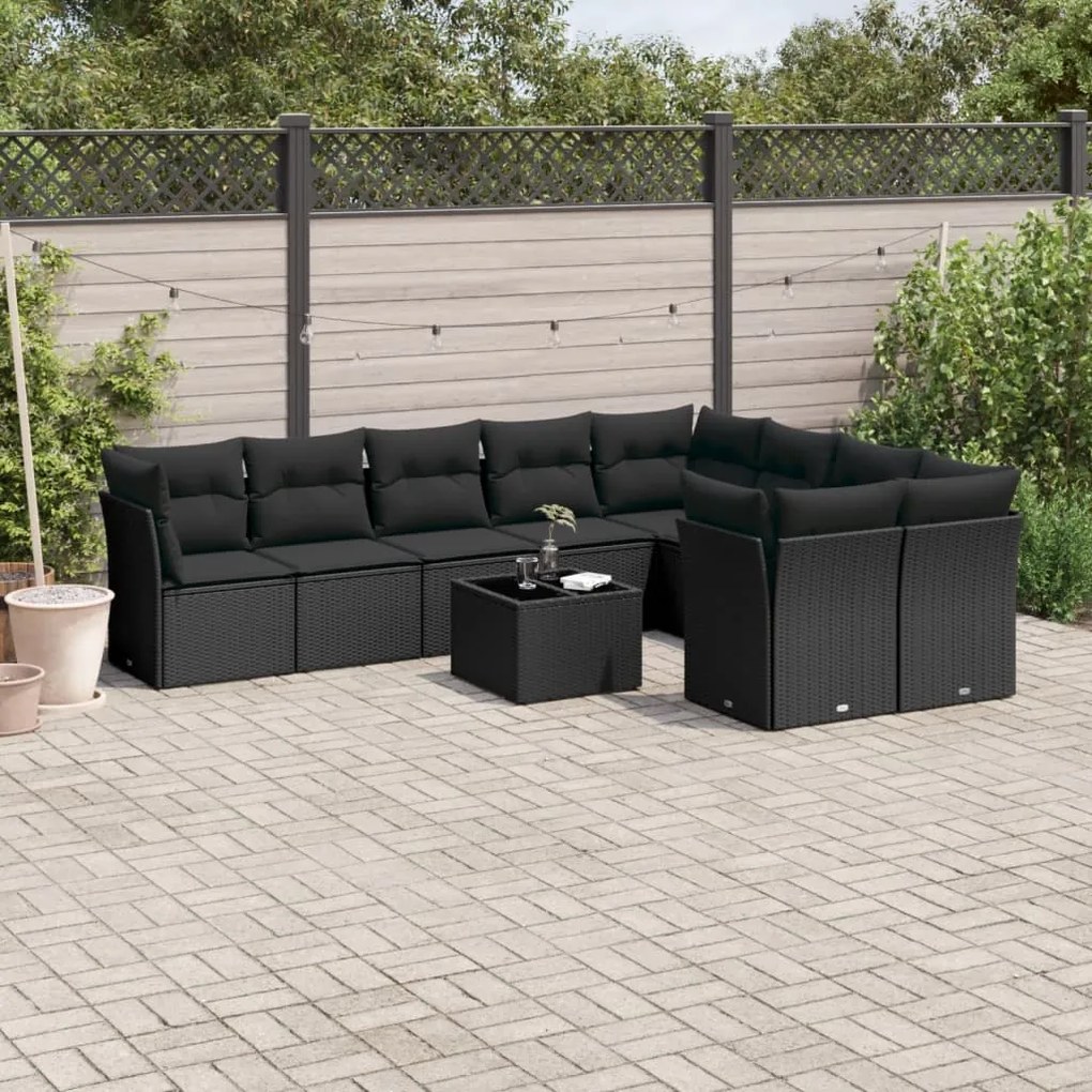 Set Divani da Giardino 10pz con Cuscini in Polyrattan Nero