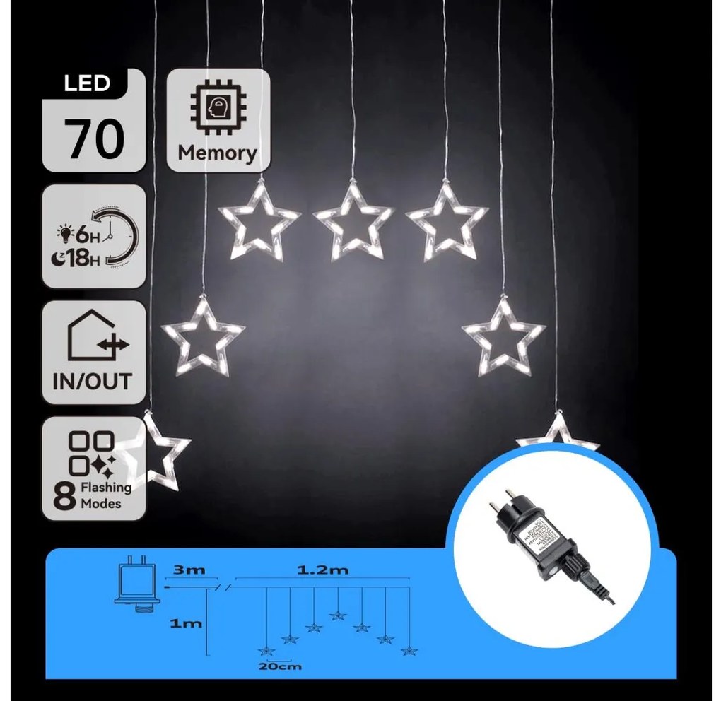 Aigostar - LED Catena luminosa natalizia da esterno 70xLED/230V 1,2x1m IP44 bianco freddo a stelle