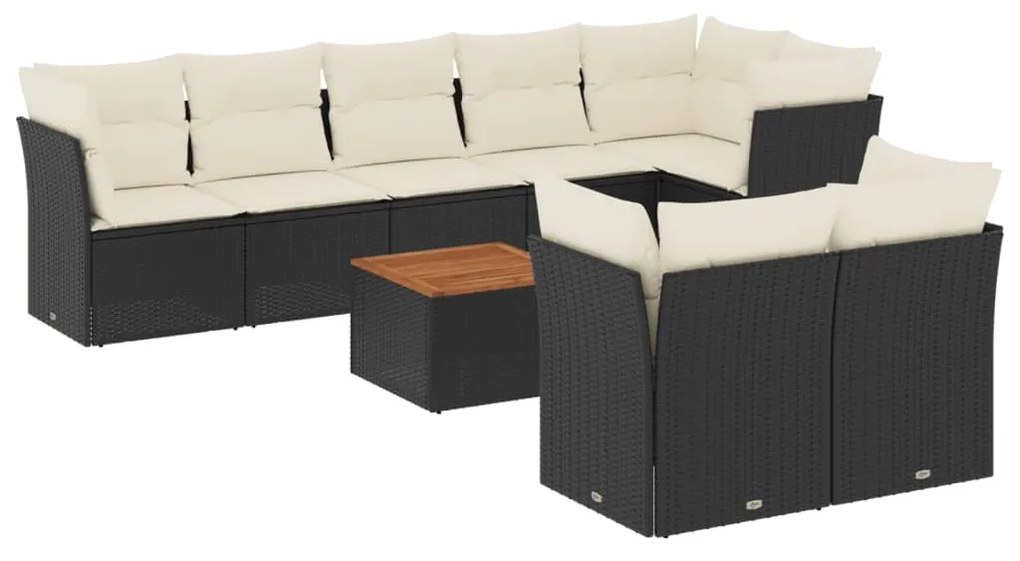 Set divani da giardino 9 pz con cuscini nero in polyrattan