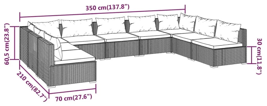 Set Divani da Giardino 9 pz con Cuscini in Polyrattan Marrone