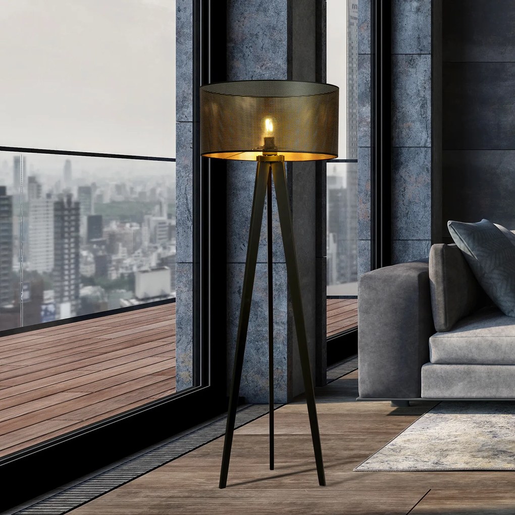 Piantana Moderno Drago Acciaio Nero Oro 1 Luce E27 Ip20