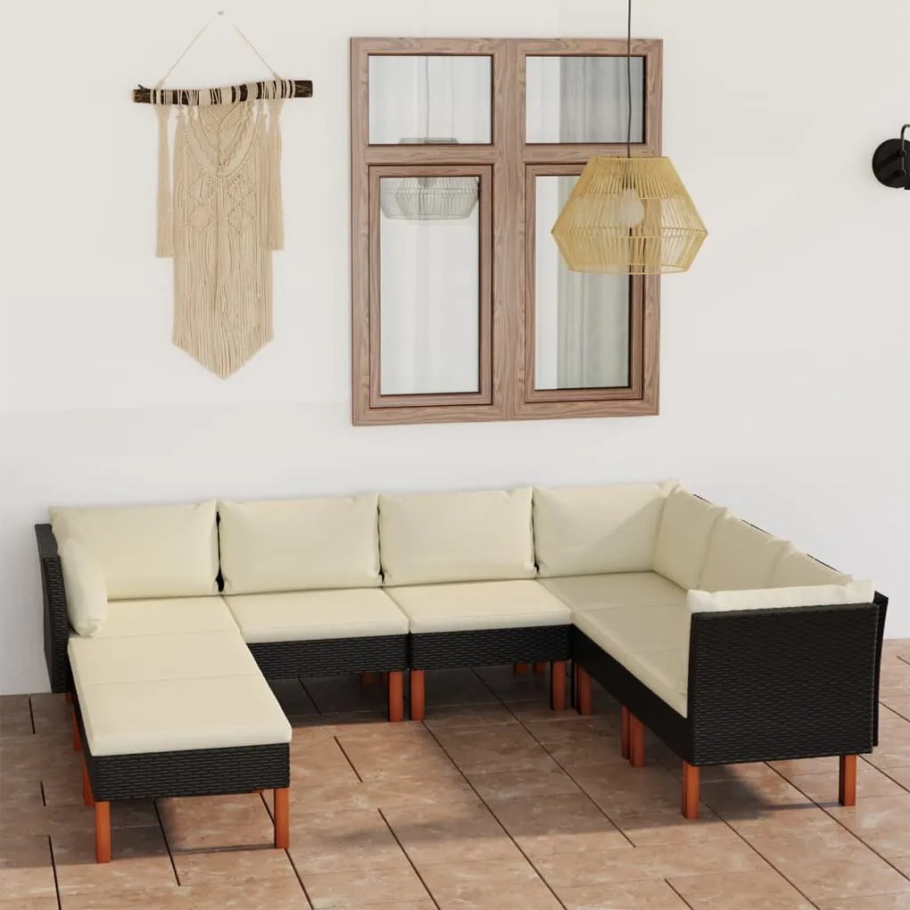 Set divani da giardino 8 pz con cuscini in polyrattan nero