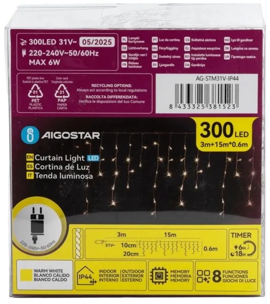 Aigostar - Catena decorativa da esterno LED 75xLED/6W/230V 15x0,6m IP44 bianco caldo