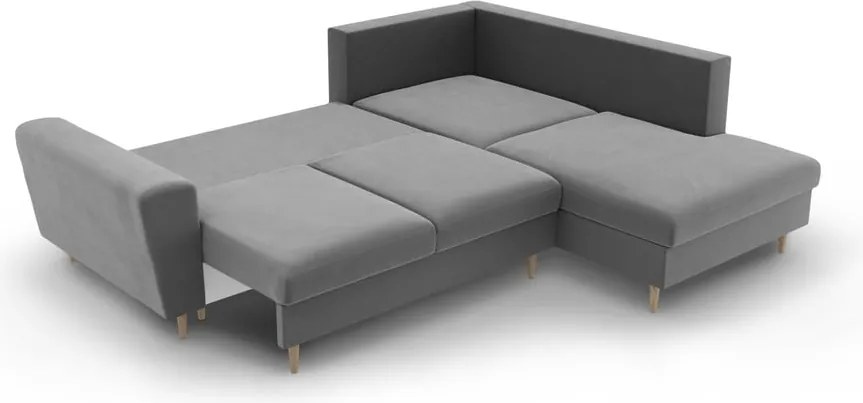 Divano angolare grigio chiaro allungabile e con contenitore (con penisola a destra/a L) con rivestimento in velluto Kyoto – Cosmopolitan Design