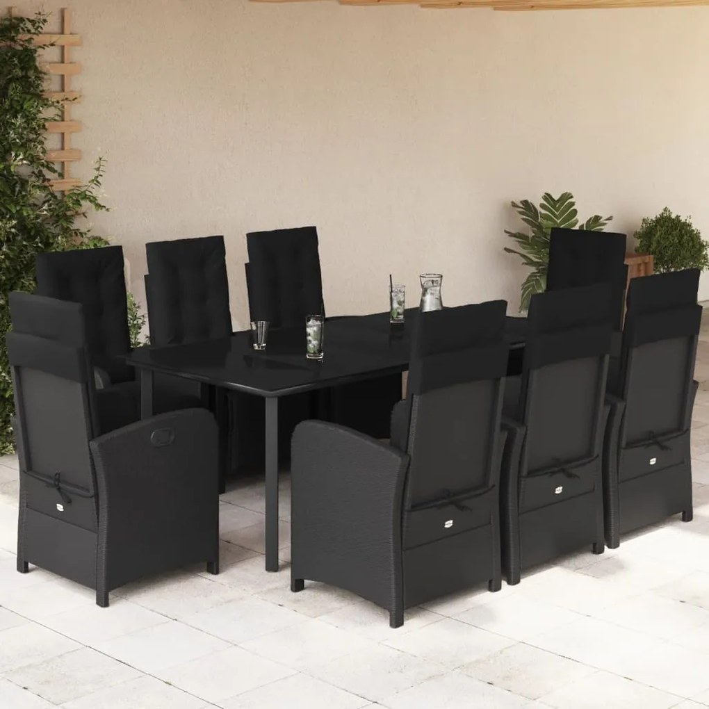 Set da pranzo da giardino 9 pz con cuscini nero in polyrattan