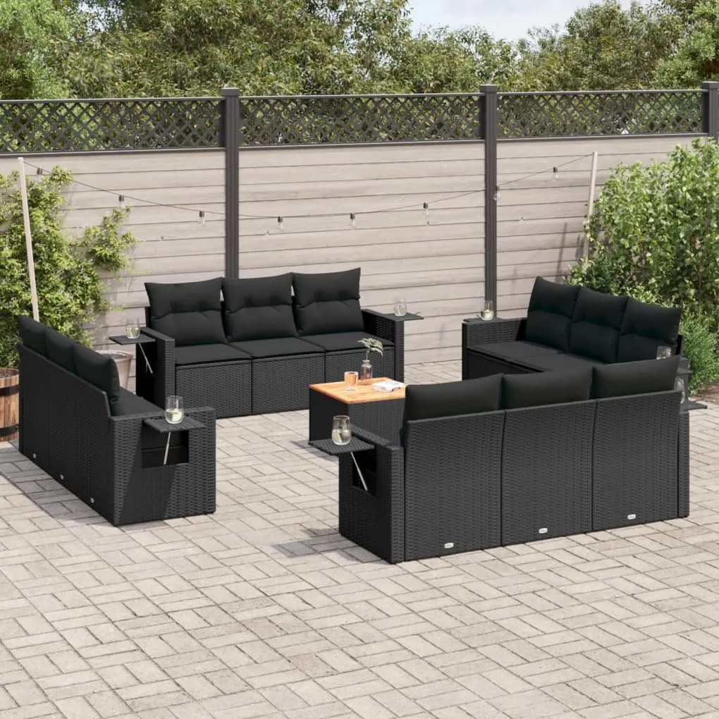 Set divani da giardino 13pz con cuscini nero in polyrattan