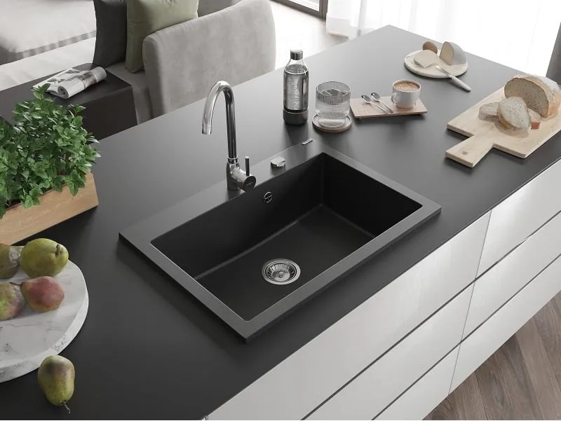 Mexen Elix lavello in granito 1 vasca 700 x 500 mm, nero, sifone cromato - 6526701005-77