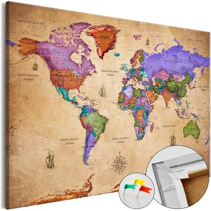 Quadri di sughero  Colourful Travels (1 Part) Wide [Cork Map]  Larghezza x Altezza Home decor 90x60