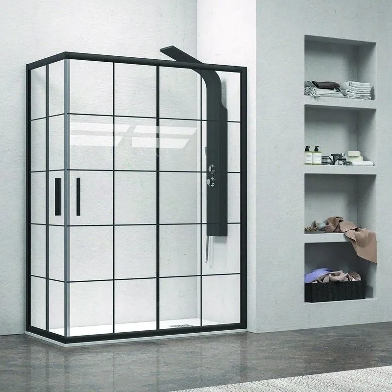 Kamalu - box doccia 120x80 colore nero opaco vetro a quadrati neri nico-b1000