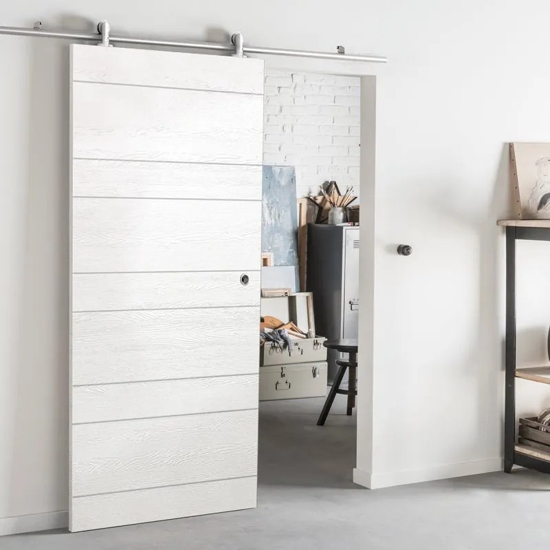 Porta scorrevole Rustic in inox bianco, L 93 x H 212 cm, con binario Ermes Reversibile