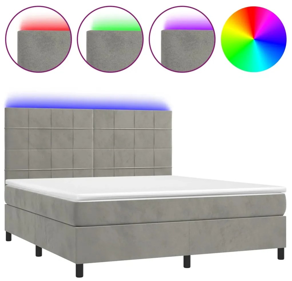 Letto a molle materasso e led grigio chiaro 180x200 cm velluto