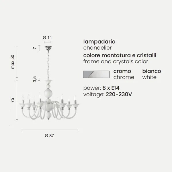 Lampada a sospensione D87 cm TEBE a 8 luci in vetro lavorato a mano BIANCO