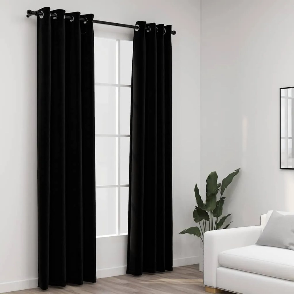 Tende Oscuranti Effetto Lino Con Occhielli 2pz 140x225cm Nere /