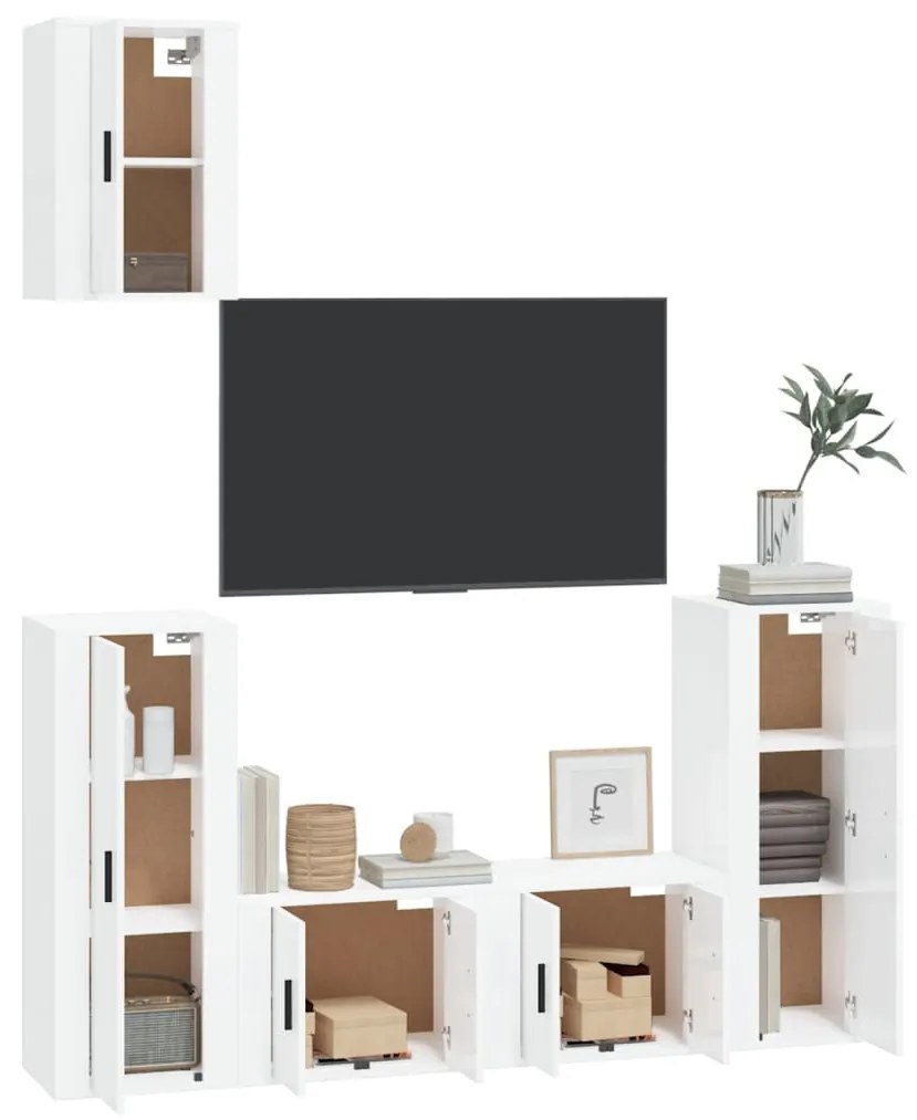 Set di mobili porta tv 5 pz bianco lucido in legno multistrato