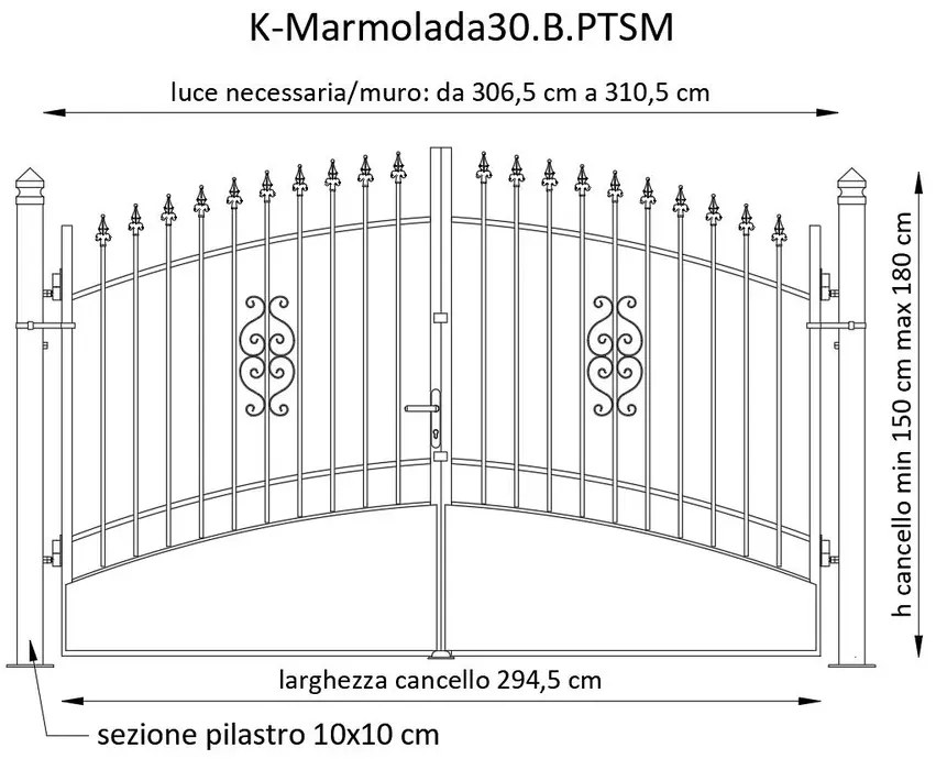 Cancello manuale con serratura manuale Marmolada in ferro, apertura centrale, L 308.5, H 165-195 cm, di colore bianco