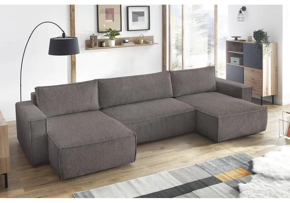 Divano letto angolare a "U" in velluto a coste grigio scuro Nihad - Bobochic Paris