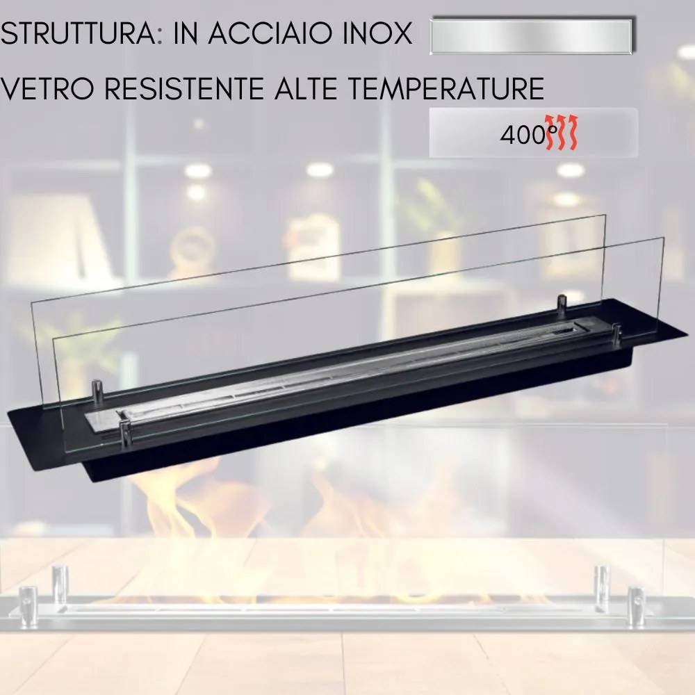 Bruciatore da Incasso Camino a Bioetanolo 1 Lt in Acciaio Inox, Riscaldamento 30-40 m2 – cm 99x19x21