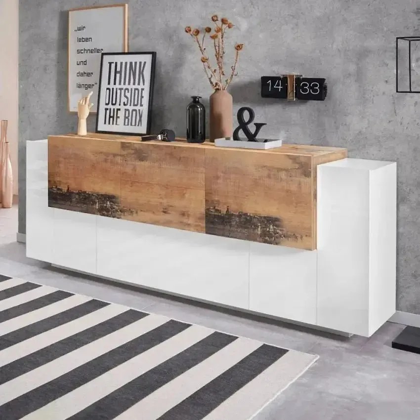 Credenza moderna NEW CORO con ante battenti, ribalta, cassetti, in bianco acero pereira