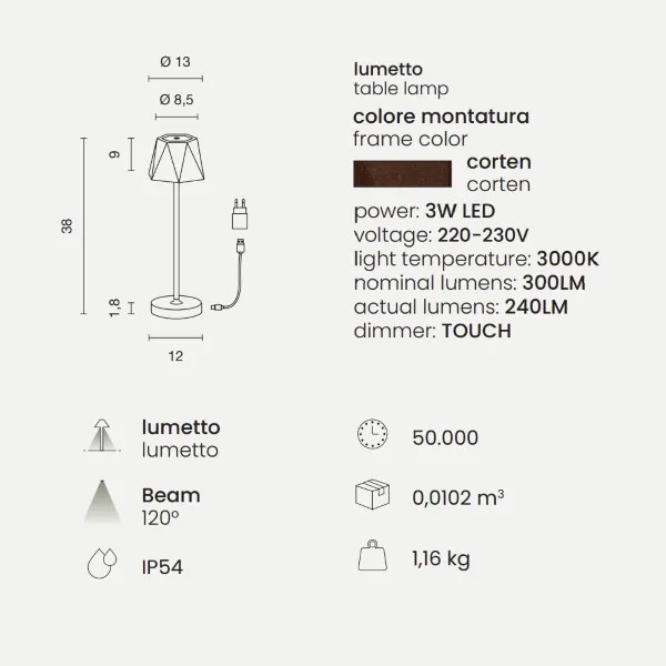 Lampada tavolo LED 12x38 cm ricaricabile USB touch senza fili FIJI Corten