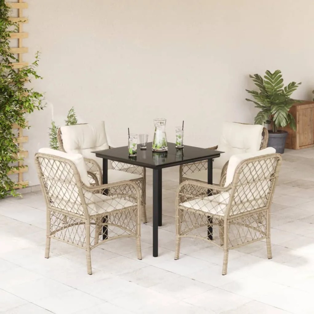 Set da Pranzo da Giardino 5 pz con Cuscini Beige in Polyrattan