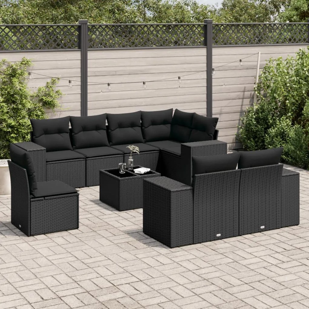 Set divani da giardino 9 pz con cuscini nero in polyrattan