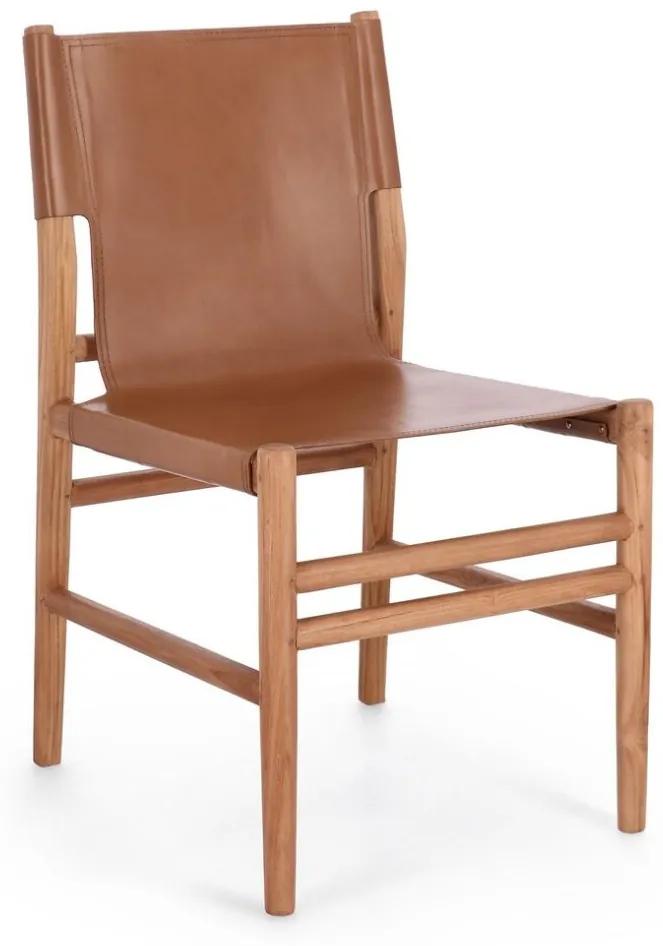 Set di 2 sedie CAROLINE in legno di teak e vera pelle cognac