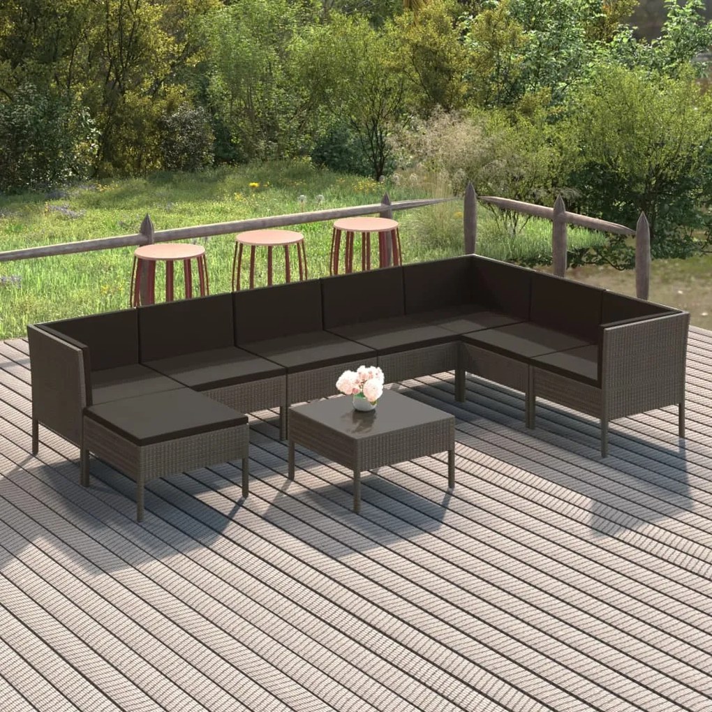 Set divani da giardino 9 pz con cuscini in polyrattan grigio