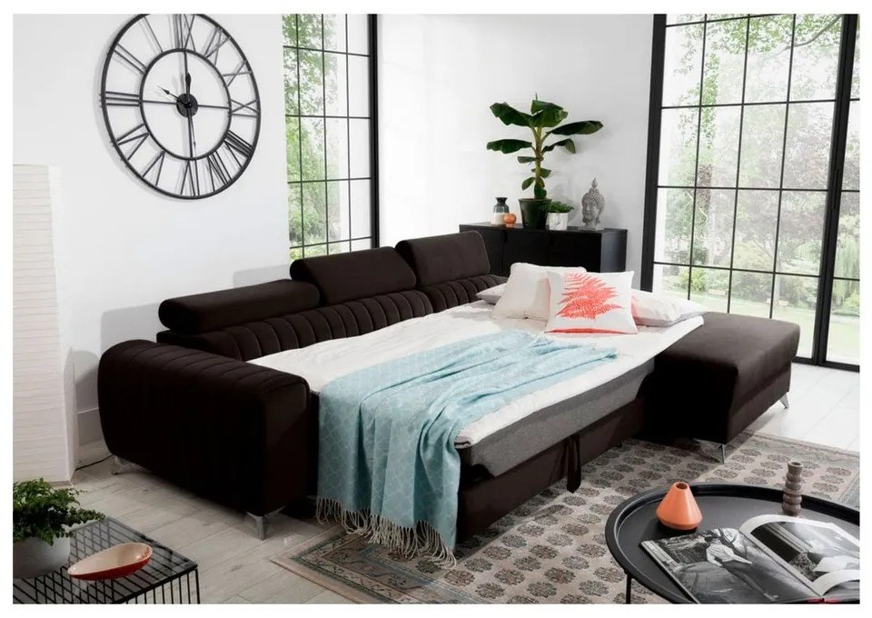 Divano angolare marrone scuro allungabile/con contenitore (con penisola a destra/con chaise lounge) e rivestimento in velluto Grayson – ELTAP