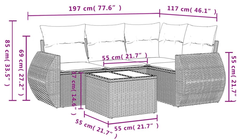 Set divano da giardino 5 pz con cuscini beige in polyrattan