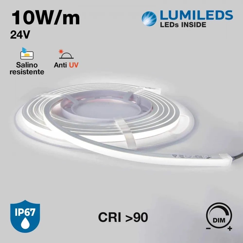 Neon Flex LED 12x12 10W/m, 5m, 24Vdc, IP67 CRI 90, B. Freddo - chip Lumileds Colore Bianco Freddo 5.000K