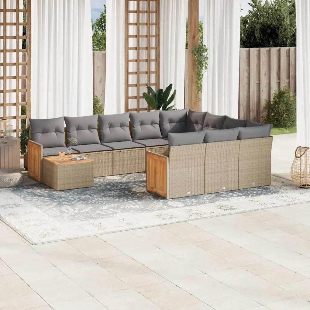 Set Divani da Giardino 11 pz con Cuscini Beige in Polyrattan