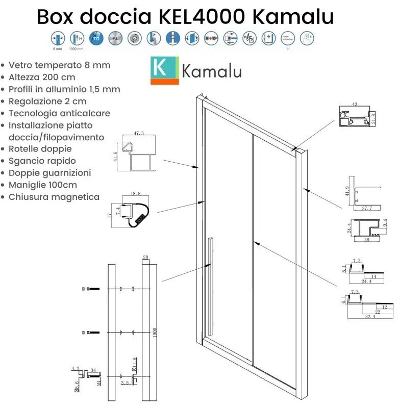 Kamalu - Box doccia 70x150 scorrevole e fisso vetro 8mm altezza h200 | KEL4000