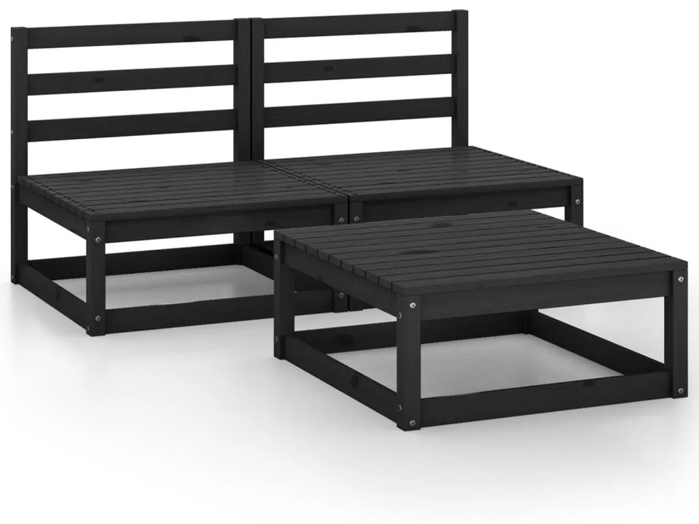 Set divani da giardino 3 pz nero in legno massello di pino