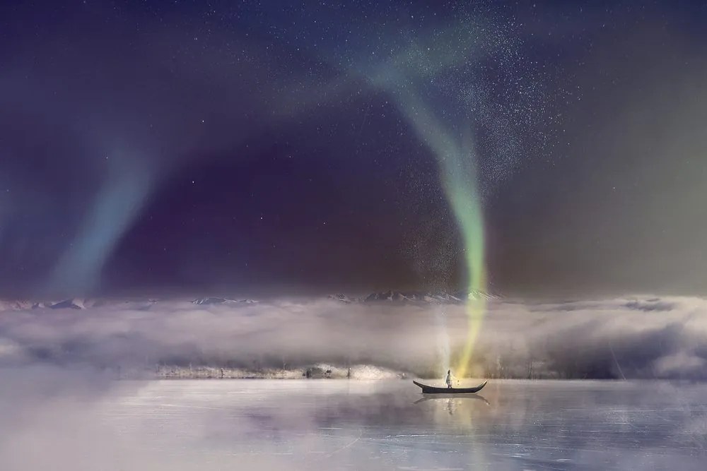 Stampa su tela – Aurora boreale sopra il lago