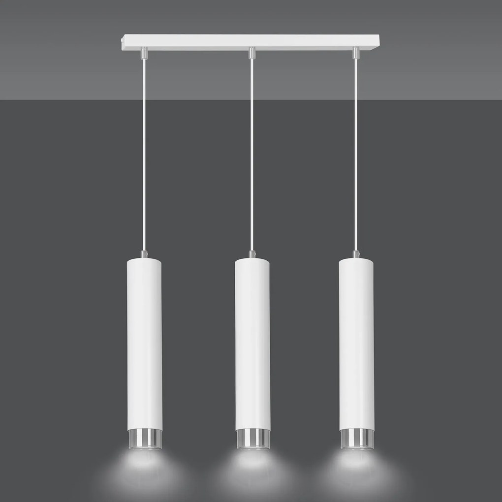 Lampadario 3 Luci Brunilde In Acciaio Bianco E Tubolari In Bianco E Cromo