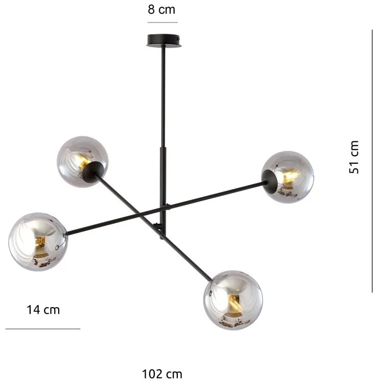 Lampadario a Sospensione in Acciaio e Vetro LINEAR 4 Nero 4xE14 Colore delle Sfere Grafite
