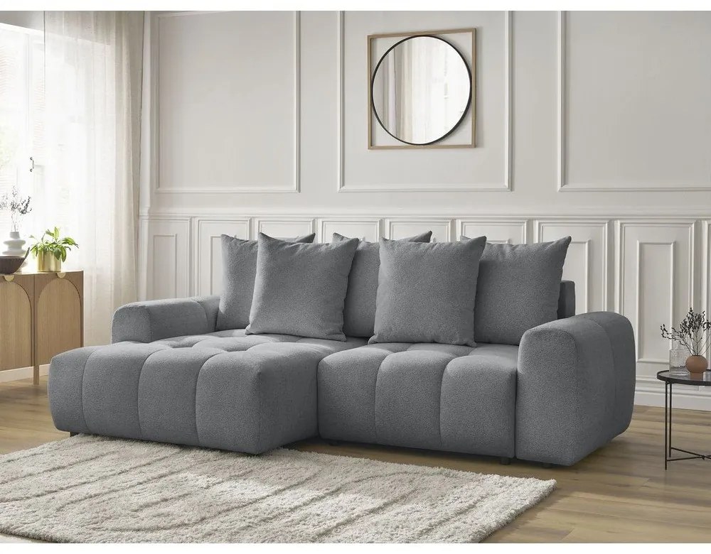 Divano angolare grigio allungabile/con contenitore (con penisola a sinistra/con chaise lounge) con rivestimento in ciniglia Roxelane – Bobochic Paris