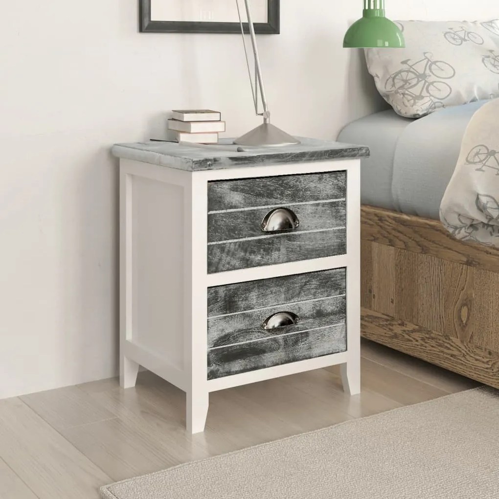 Comodino Grigio E Bianco 38x28x45 Cm İn Legno Di Paulownia /