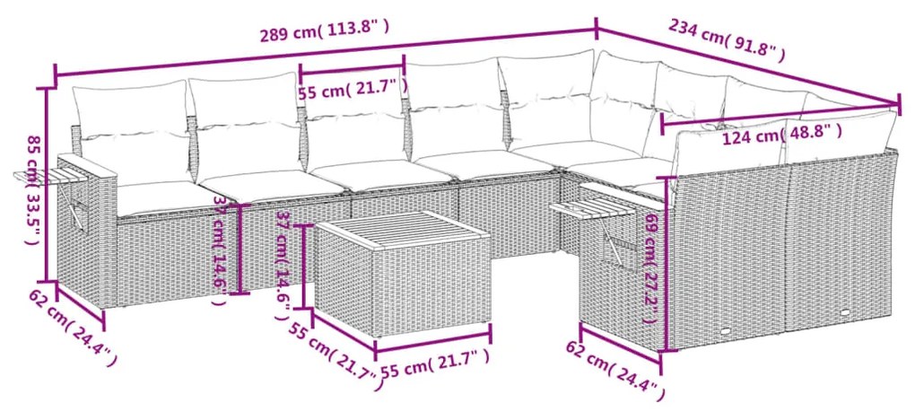 Set divani da giardino 10pz con cuscini in polyrattan nero