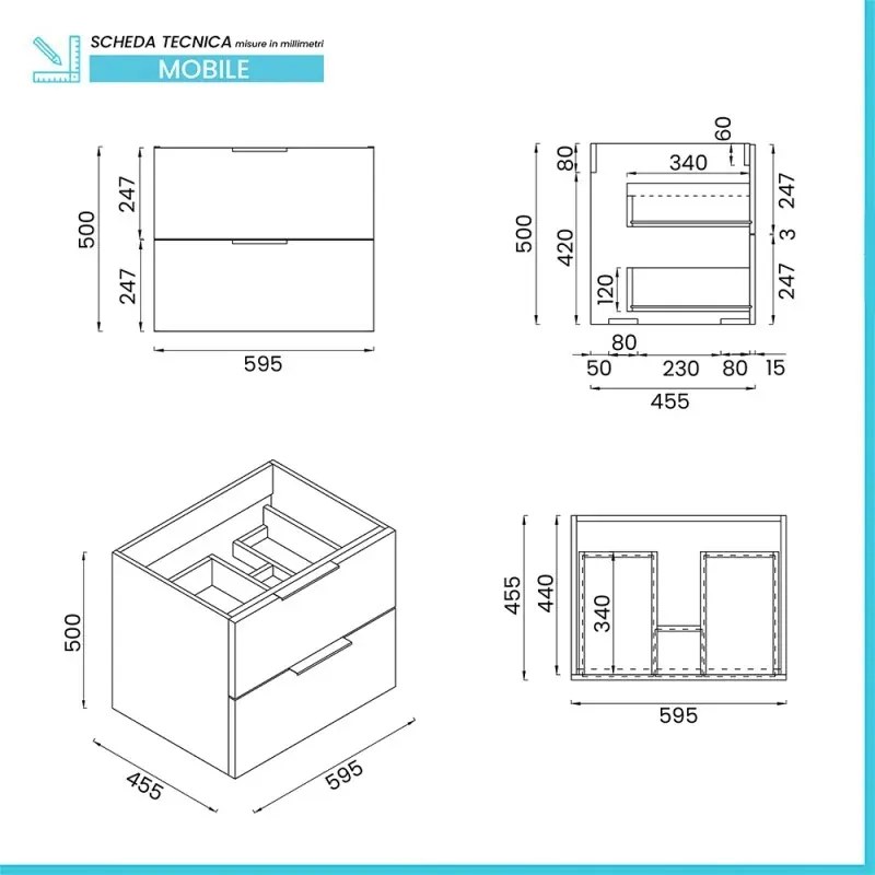 Mobile bagno sospeso 60cm bianco opaco con cassetti lavabo e specchio Elva