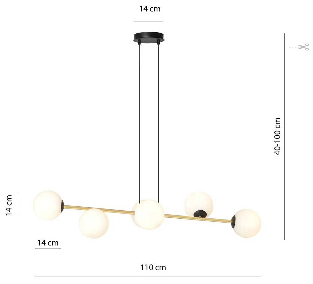 Sospensione Contemporanea Gravity 6 Luci In Acciaio Oro E Sfere In Vetro Bianco