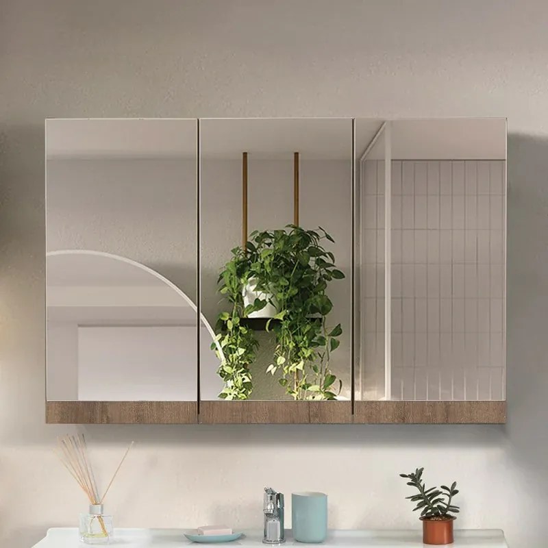 Mobile bagno sospeso 100 cm rovere scuro con specchio contenitore Mona